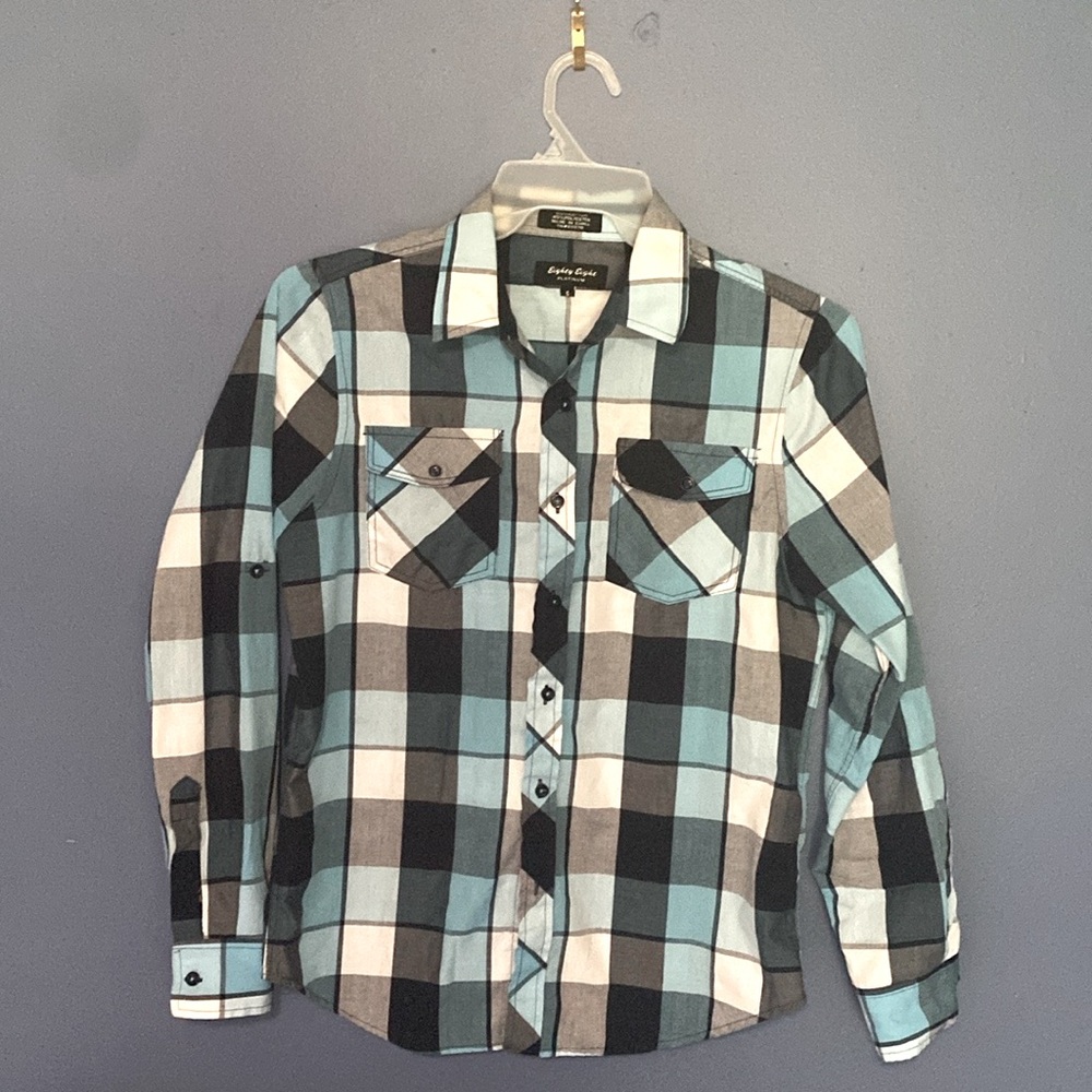 Mens / teens small Eighty Eight long sleeve button down shirt. Turquoise/black